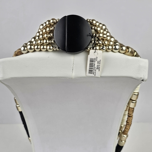 Statement Multistrand Beaded Necklace Black Brown Cream Gold Tone Magnetic Clasp - Picture 9 of 13